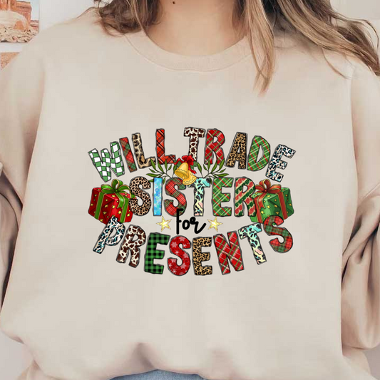 A festive design featuring colorful letters with patterns, adorned with Christmas gifts, stars, and a bell, perfect for holiday cheer.DTF Transfers dtf prints