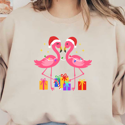 Two playful pink flamingos wearing Santa hats, surrounded by colorful presents, spread holiday cheer with festive lights and candy canes.DTF Transfers