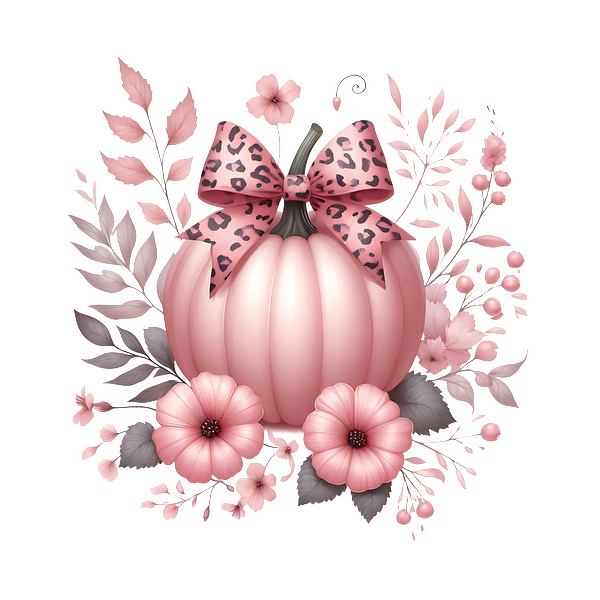 A charming pink pumpkin adorned with a leopard-print bow, surrounded by delicate flowers and leafy accents, perfect for fall decor. heat press transfers