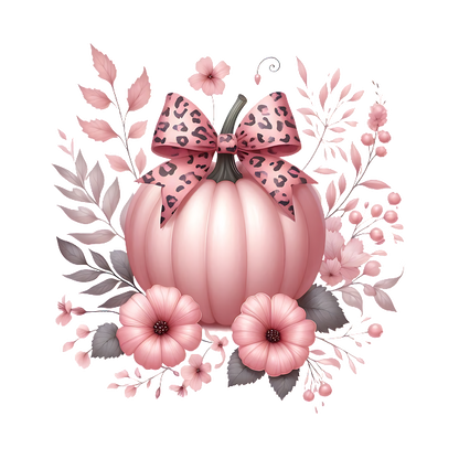 A charming pink pumpkin adorned with a leopard-print bow, surrounded by delicate flowers and leafy accents, perfect for fall decor. heat press transfers