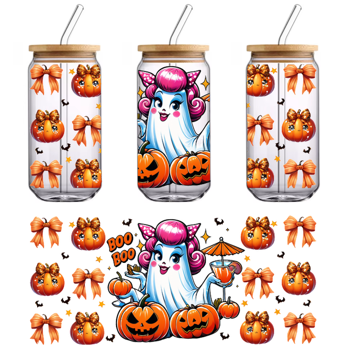 A playful ghost character with pink hair holds a drink and is surrounded by cheerful pumpkins and festive ribbons.UV Transfers dtf prints