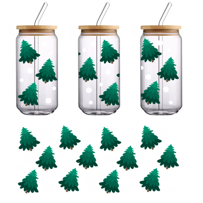 A whimsical illustration featuring green pine trees scattered among floating white snowballs on a dark background.UV Transfersdtf regular iron