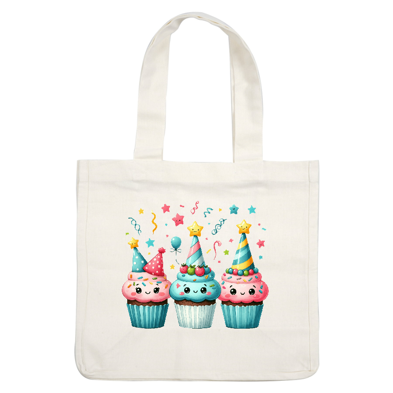 Three adorable, colorful cupcakes wearing festive party hats, adorned with sprinkles and cheerful expressions, surrounded by festive confetti.DTF Transfers