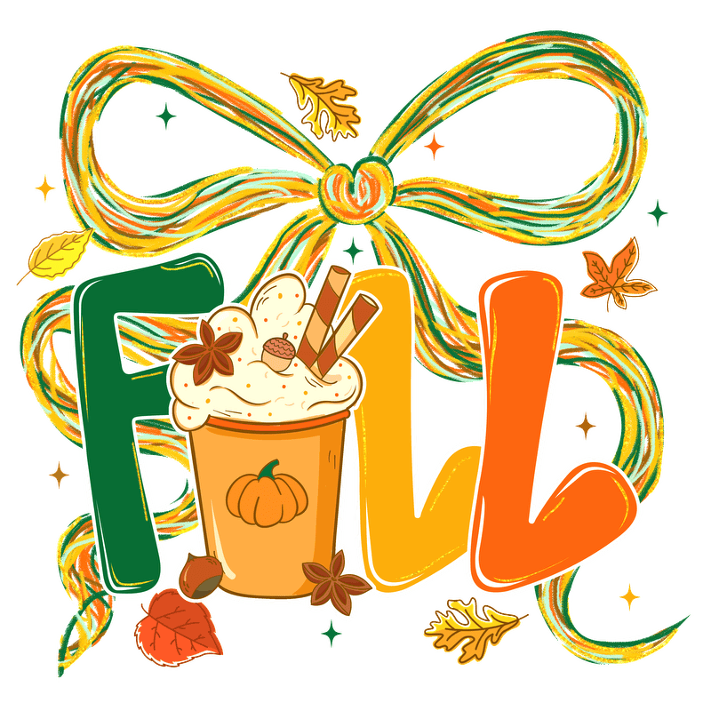 Cozy fall-themed illustration featuring a pumpkin spice drink and colorful leaves.DTF Transfers