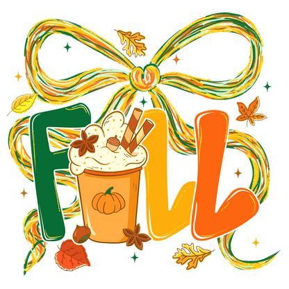 Cozy fall-themed illustration featuring a pumpkin spice drink and colorful leaves.DTF Transfers