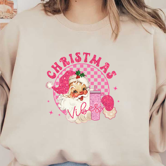 Cheerful Christmas design featuring a whimsical Santa, sparkling text, and festive elements for a joyful holiday vibe. dtf transfers