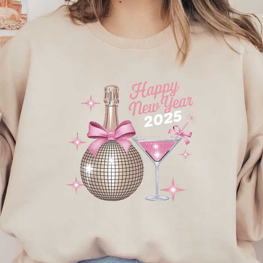 Celebrate New Year 2025 in style with a glamorous champagne bottle and sparkling martini, all adorned with pink accents!DTF Transfers