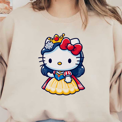 Meet Hello Kitty dressed as Snow White, complete with a crown, vibrant dress, and classic red bow for a charming look!DTF Transfersdtf regular iron