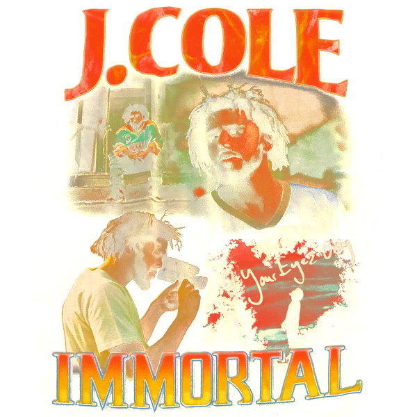 Vibrant artwork featuring J. Cole, titled "Immortal," showcasing his distinctive style and artistic expression.DTF Transfers