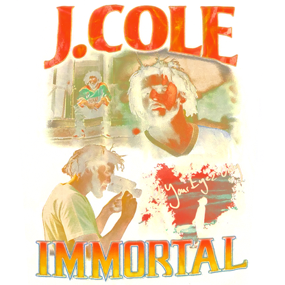 Vibrant artwork featuring J. Cole, titled "Immortal," showcasing his distinctive style and artistic expression.DTF Transfers