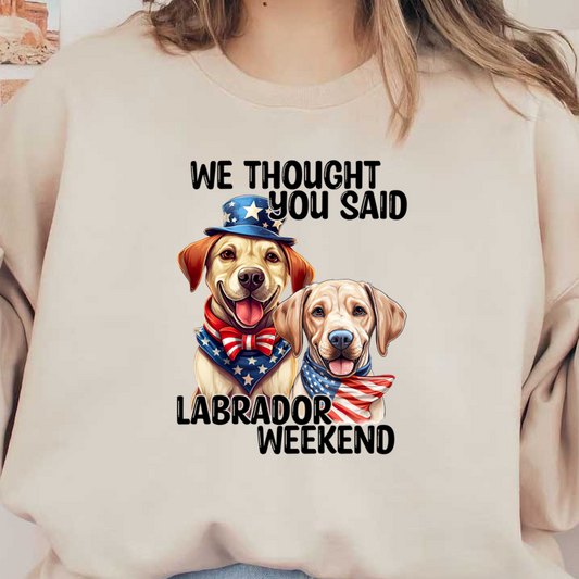 Two cheerful Labradors dressed in festive patriotic attire, featuring a top hat and bandanas with stars and stripes.