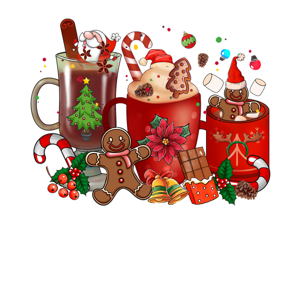 A festive assortment of holiday-themed mugs, gingerbread cookies, candy canes, and seasonal decorations, perfect for celebrating Christmas!dtf regular iron