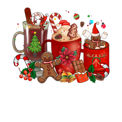 A festive assortment of holiday-themed mugs, gingerbread cookies, candy canes, and seasonal decorations, perfect for celebrating Christmas!dtf regular iron