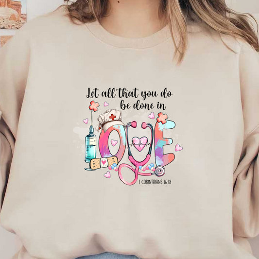 A colorful and playful design featuring medical symbols like a stethoscope, syringe, and nurse's hat, expressing love for healthcare.DTF Transfers