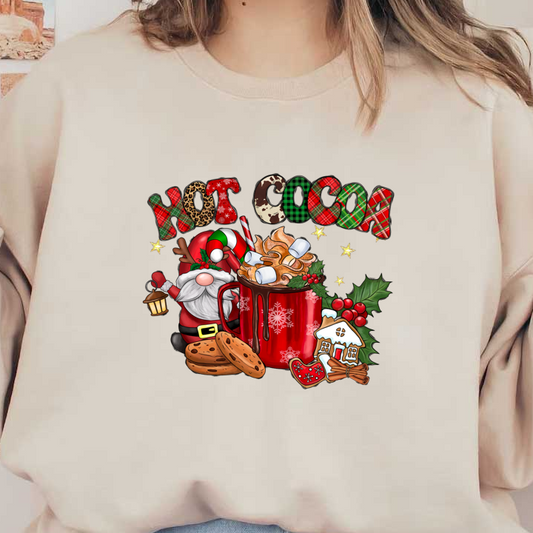 Cozy holiday scene featuring Santa, a steaming mug of hot cocoa topped with marshmallows, cookies, and festive decorations.DTF Transfersdtf regular iron