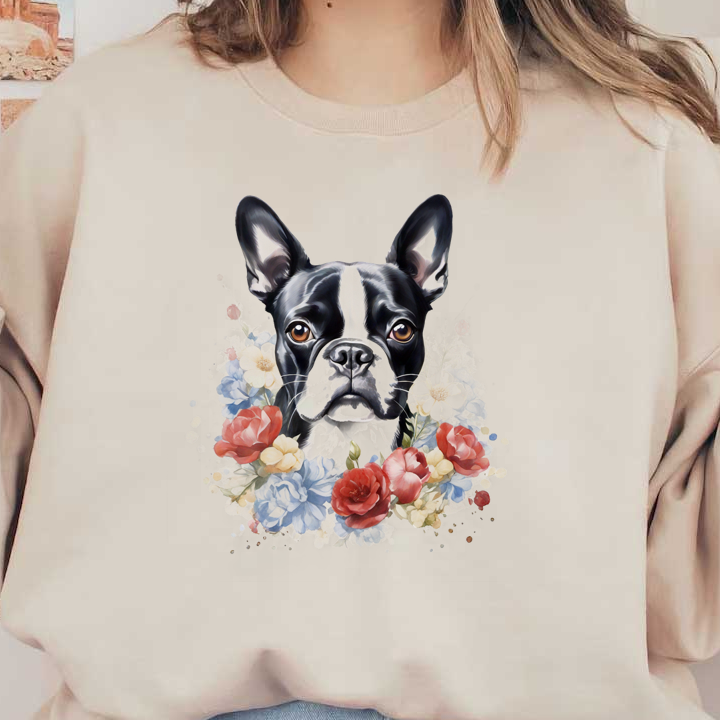 Una encantadora ilustración de un Boston Terrier en blanco y negro rodeado de un vibrante arreglo floral, que irradia personalidad y calidez.