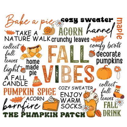 Celebrate the cozy season with whimsical fall-themed words and illustrations, featuring pumpkins, acorns, and pumpkin spice delights! heat press transfers