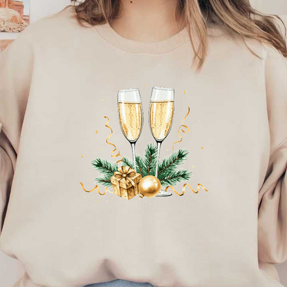 Celebrate the season with two sparkling champagne flutes, surrounded by festive greenery, a gift box, and a golden ornament.DTF Transfers