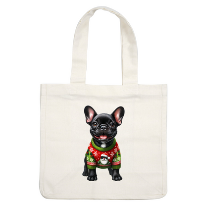 A cheerful black French Bulldog wears a festive red and green Christmas sweater, complete with holiday designs and a playful look. dtf transfers