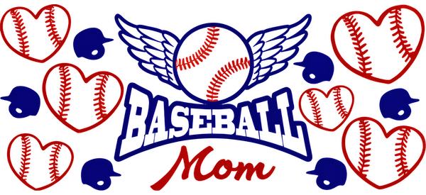 Celebrate your love for baseball with this colorful "Baseball Mom" design featuring hearts, baseballs, and wings!UV Transfers dtf prints