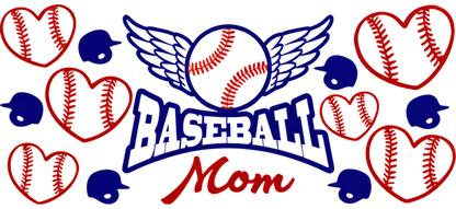 Celebrate your love for baseball with this colorful "Baseball Mom" design featuring hearts, baseballs, and wings!UV Transfers dtf prints