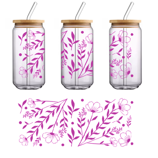 A delightful arrangement of purple flowers and green leaves graces the background.UV Transfers