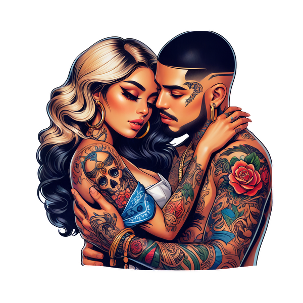 A passionate embrace between a tattooed couple, showcasing intricate body art and bold hairstyles, highlighting their strong connection.DTF Transfersdtf regular iron