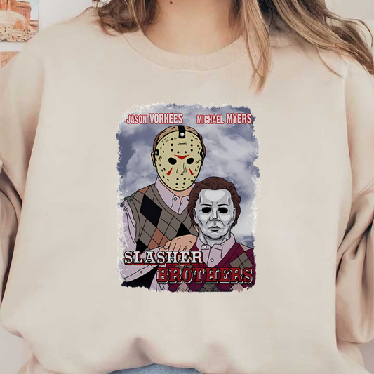 A playful illustration of iconic horror characters Jason Voorhees and Michael Myers, titled "Slasher Brothers," featuring their signature masks and outfits. dtf transfers