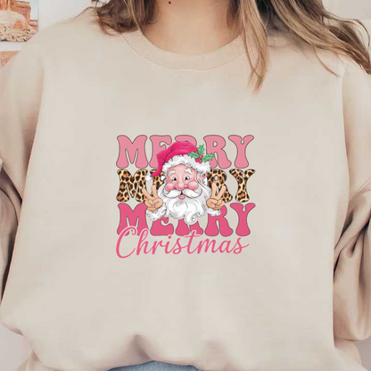 Un alegre Papá Noel con expresión divertida dice “Feliz Navidad”, rodeado de letras vibrantes y coloridas y detalles festivos con estampado de leopardo.