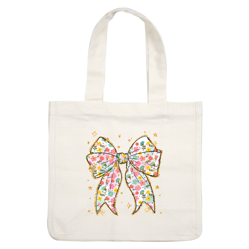 A whimsical floral bow featuring vibrant colors and delicate patterns, embellished with sparkling accents for a cheerful touch.DTF Transfers dtf prints