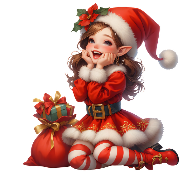 A cheerful elf girl in a festive red outfit with a Santa hat, surrounded by colorful gift bags, embodying holiday spirit.DTF Transfers heat press transfers