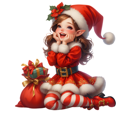 A cheerful elf girl in a festive red outfit with a Santa hat, surrounded by colorful gift bags, embodying holiday spirit.DTF Transfers heat press transfers