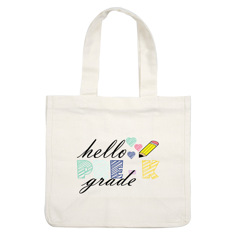 Colorful “PRE-K” text design featuring playful hearts and a pencil, perfect for early childhood education themes!DTF Transfers