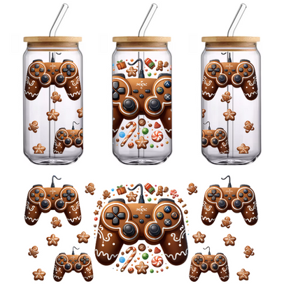 A whimsical collection of chocolate-themed video game controllers surrounded by festive gingerbread cookies and colorful candies.UV Transfers heat press transfers