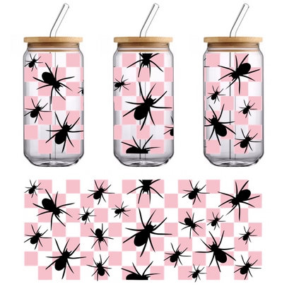 A stylish pink and black pattern featuring abstract spider-like shapes against a checkerboard background, creating a bold visual impact.UV Transfersdtf regular iron