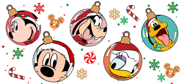 Celebrate the holidays with this fun set of ornament designs featuring Mickey, Minnie, Pluto, Goofy, and Daisy in festive cheer!UV Transfers dtf prints