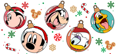 Celebrate the holidays with this fun set of ornament designs featuring Mickey, Minnie, Pluto, Goofy, and Daisy in festive cheer!UV Transfers dtf prints