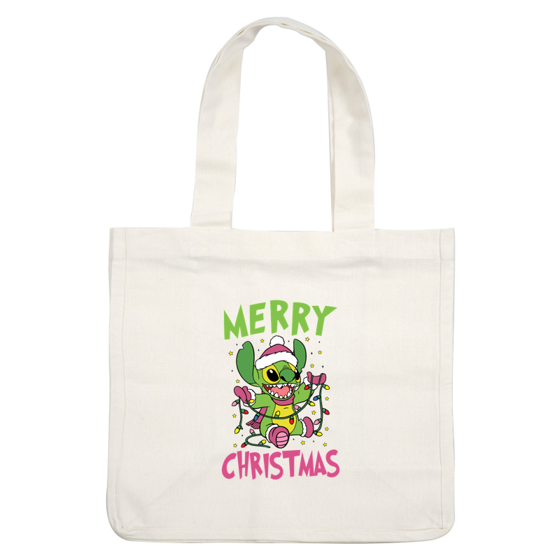 Celebrate the holidays with this vibrant "Merry Christmas" design featuring a playful character tangled in colorful lights!DTF Transfersdtf regular iron heat press transfers