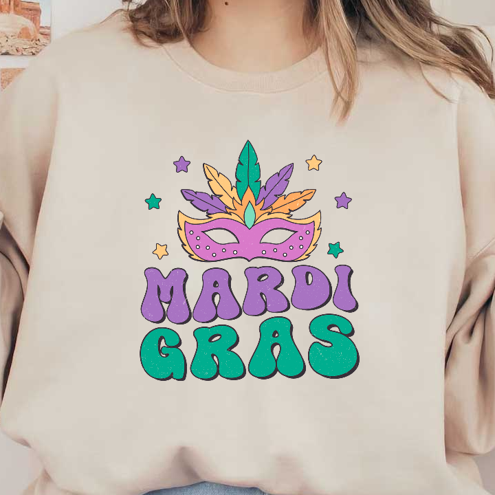 Celebrate Mardi Gras with this colorful design featuring a vibrant mask and playful typography in purple and green tones!DTF Transfers