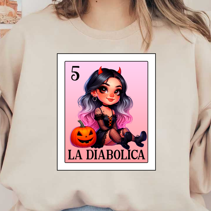 Una divertida ilustración de una niña con cuernos de diablo, un atuendo elegante y una calabaza, perfecta para el ambiente de Halloween.