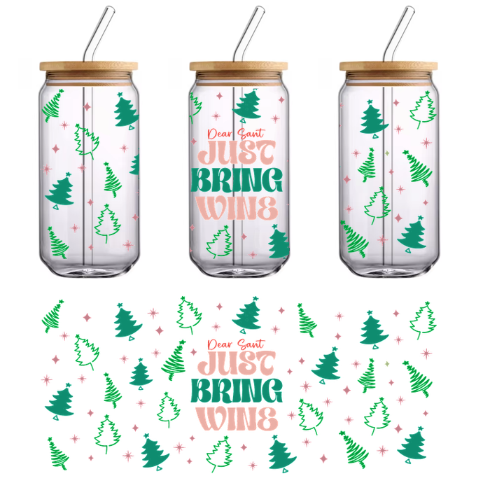 Un diseño festivo con alegres árboles de Navidad verdes y copos de nieve, complementado con la divertida frase "Just Bring Wings". Transferencias UV