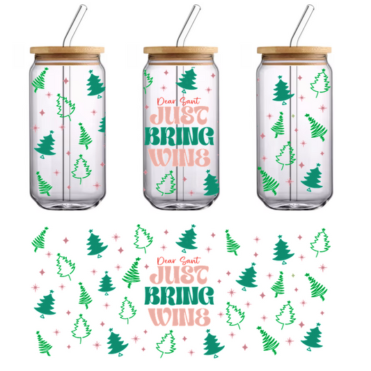 A festive design featuring cheerful green Christmas trees and snowflakes, complemented by the playful phrase "Just Bring Wings."UV Transfers dtf transfers