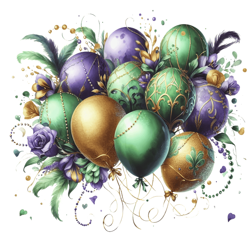 A vibrant arrangement of decorative balloons in shades of green, purple, and gold, accented with floral elements and elegant designs.DTF Transfers