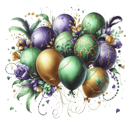 A vibrant arrangement of decorative balloons in shades of green, purple, and gold, accented with floral elements and elegant designs.DTF Transfers