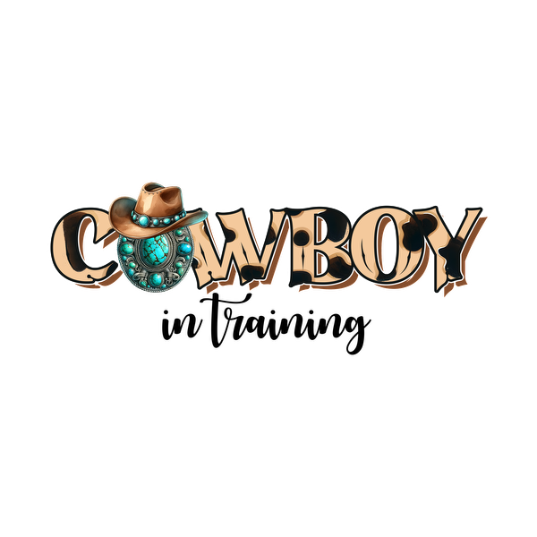 Un logotipo "COWBOY" colorido y estilizado con un sombrero de vaquero y detalles en turquesa, perfecto para diseños con temática del oeste.