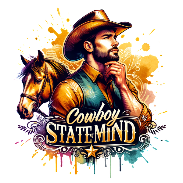 Una ilustración vibrante de un vaquero pensativo con un caballo, con la frase "Cowboy State of Mind" en tipografía atrevida.