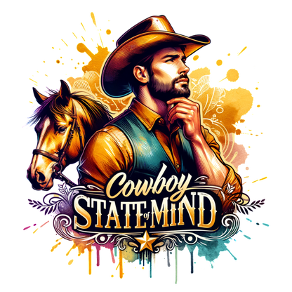 Una ilustración vibrante de un vaquero pensativo con un caballo, con la frase "Cowboy State of Mind" en tipografía atrevida.