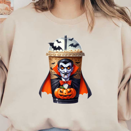 ¡Una bebida extravagante con temática de Halloween que presenta un personaje de vampiro con colmillos y una calabaza, perfecta para celebraciones espeluznantes!