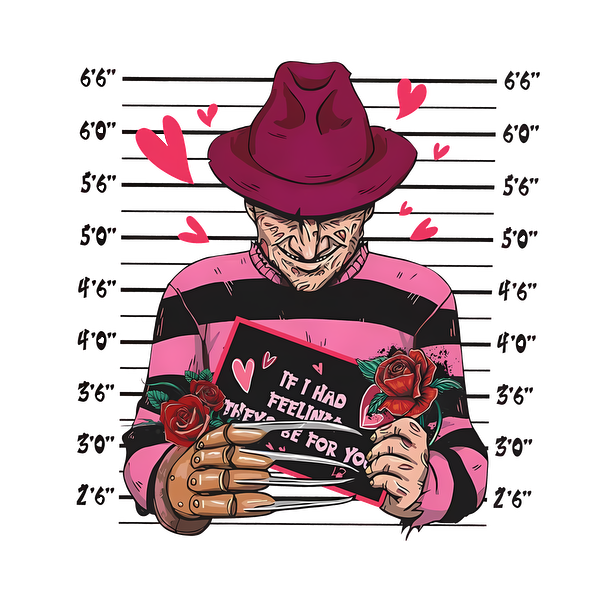 Una divertida ilustración de un personaje de terror con una camisa de rayas y un sombrero rosa, sosteniendo una tarjeta con temática de amor rodeada de rosas.