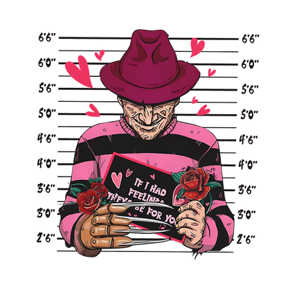 Una divertida ilustración de un personaje de terror con una camisa de rayas y un sombrero rosa, sosteniendo una tarjeta con temática de amor rodeada de rosas.